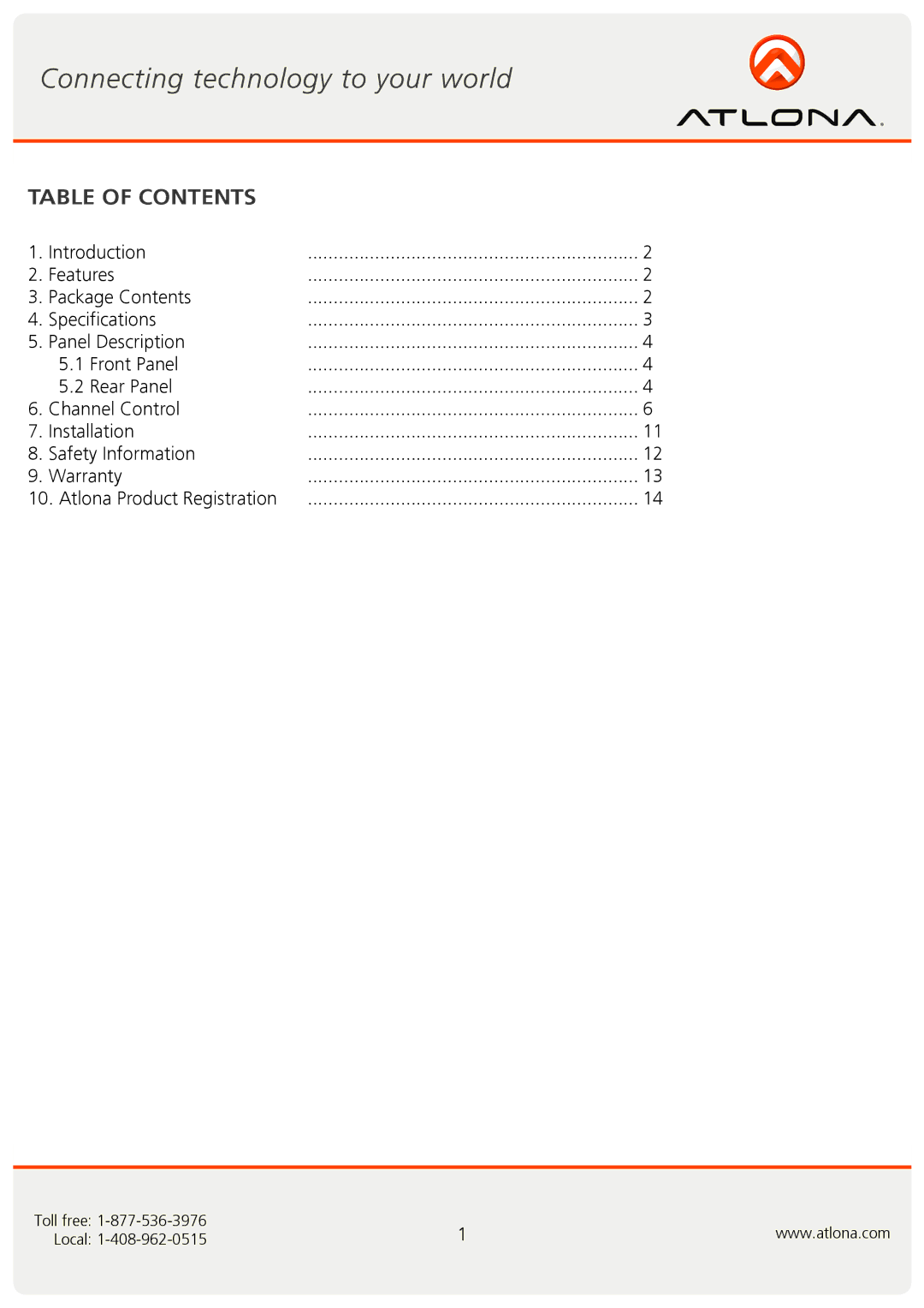 Atlona AT-VGA0505 user manual Table of Contents 