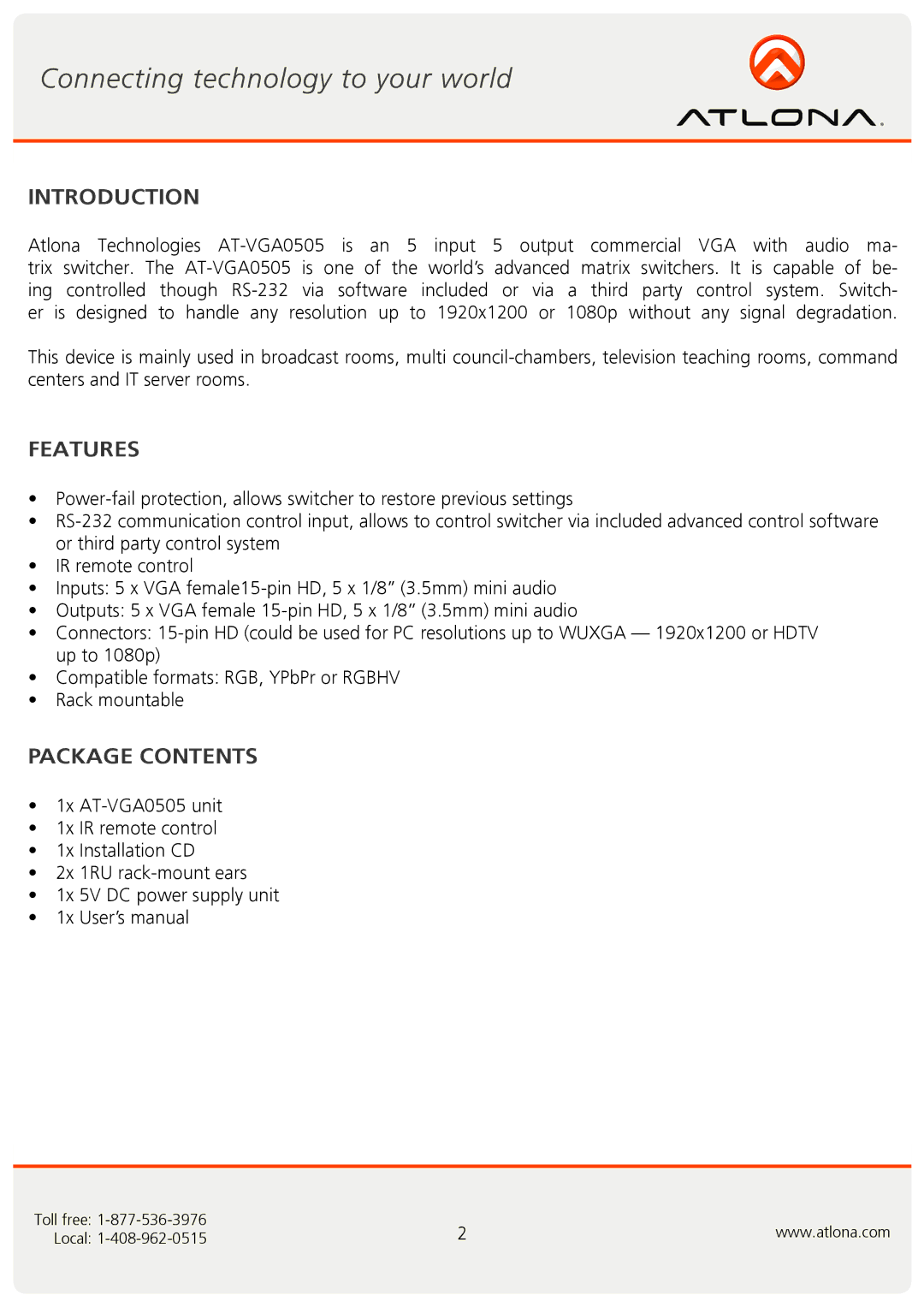 Atlona AT-VGA0505 user manual Introduction, Features, Package Contents 