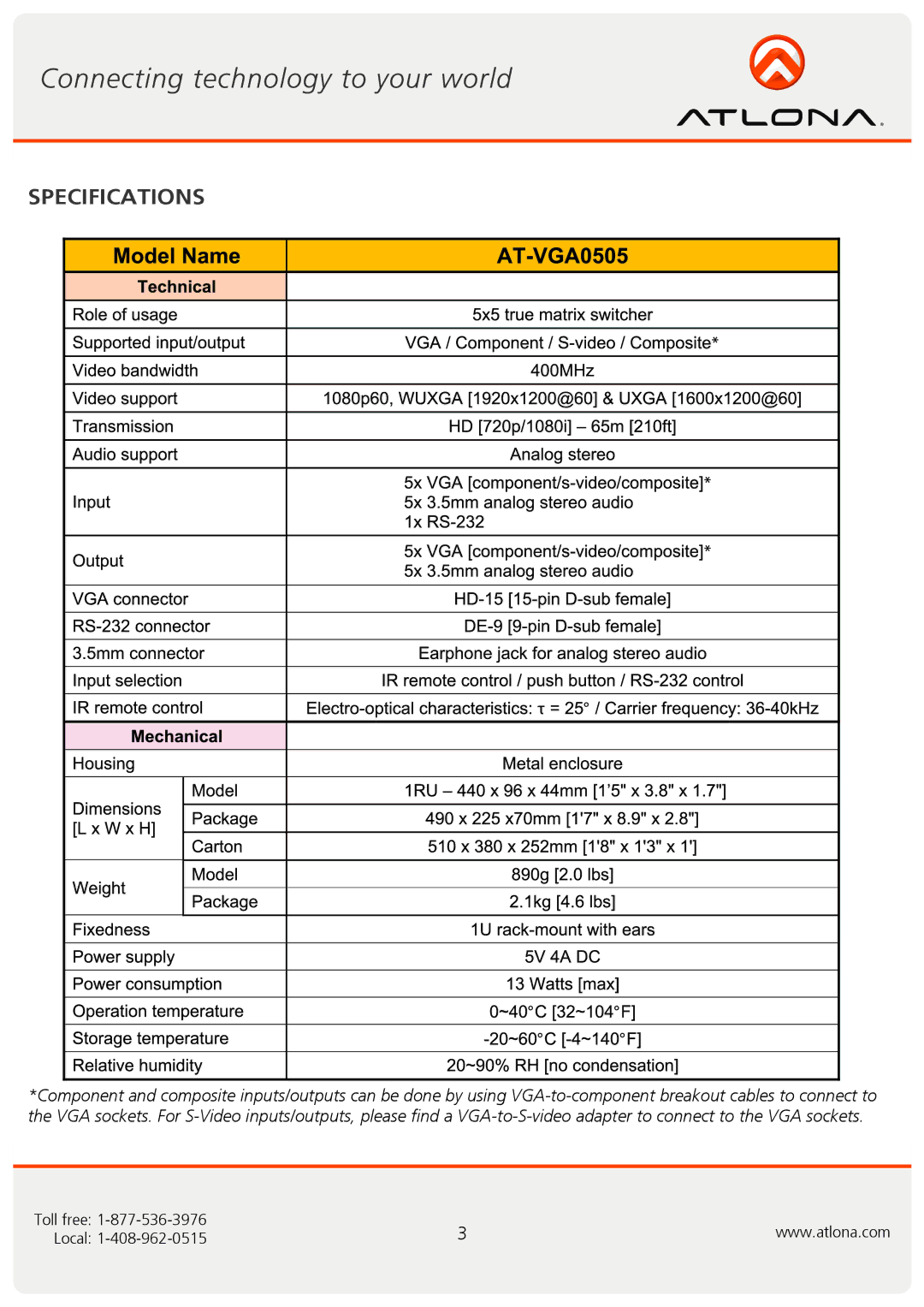 Atlona AT-VGA0505 user manual Specifications 