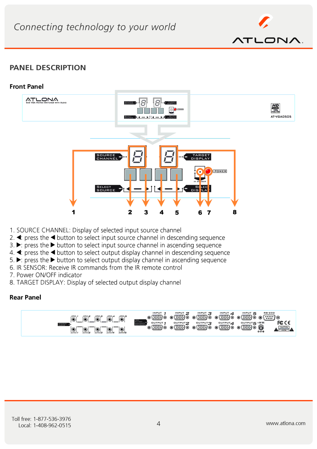 Atlona AT-VGA0505 user manual Panel Description, Front Panel, Rear Panel 