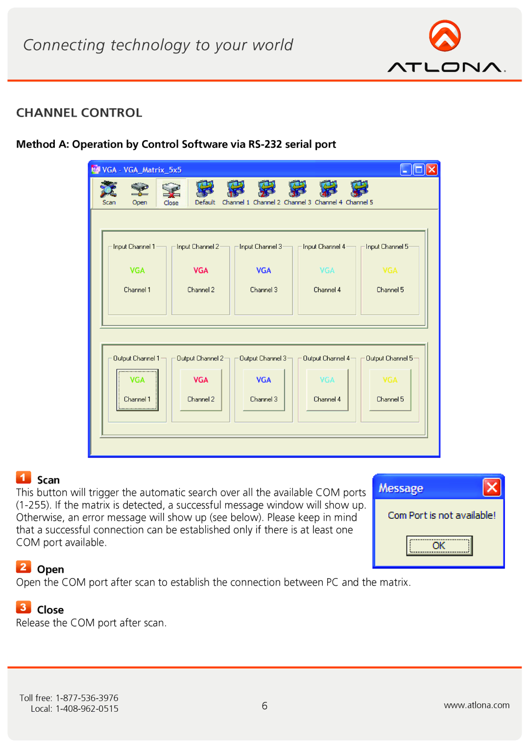 Atlona AT-VGA0505 user manual Channel Control, Open, Close 