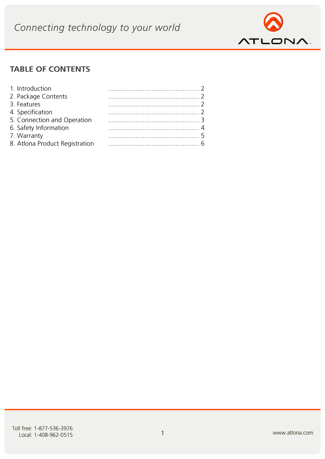 Atlona AT-VGA11S user manual Table of Contents 