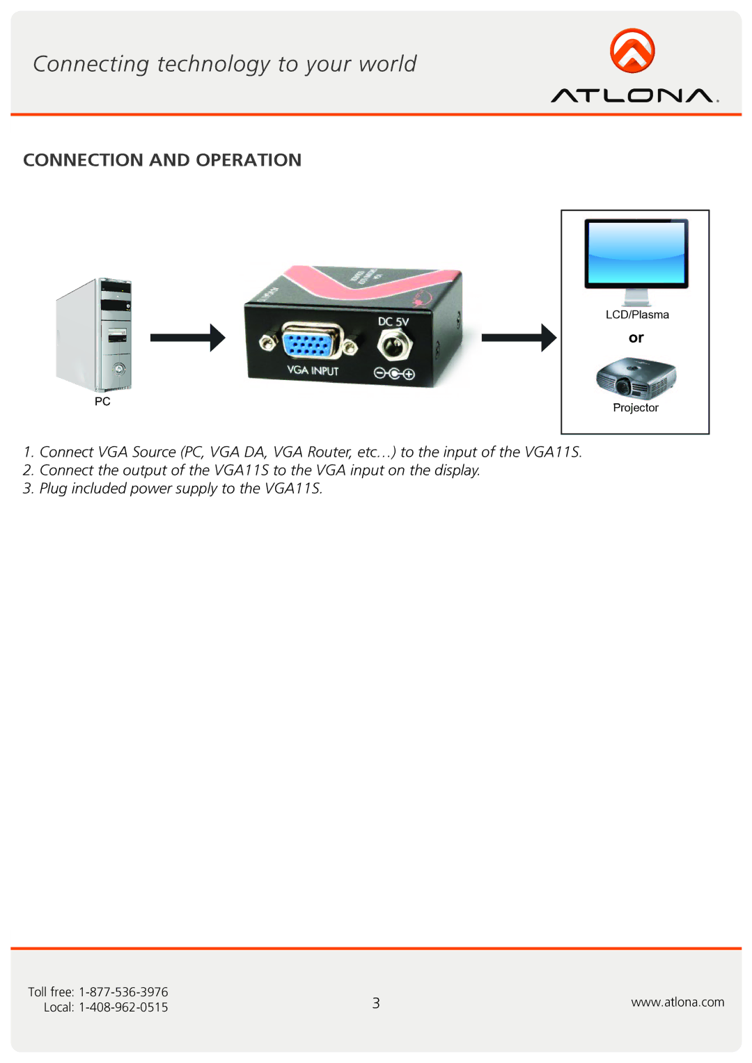 Atlona AT-VGA11S user manual Connection and Operation 