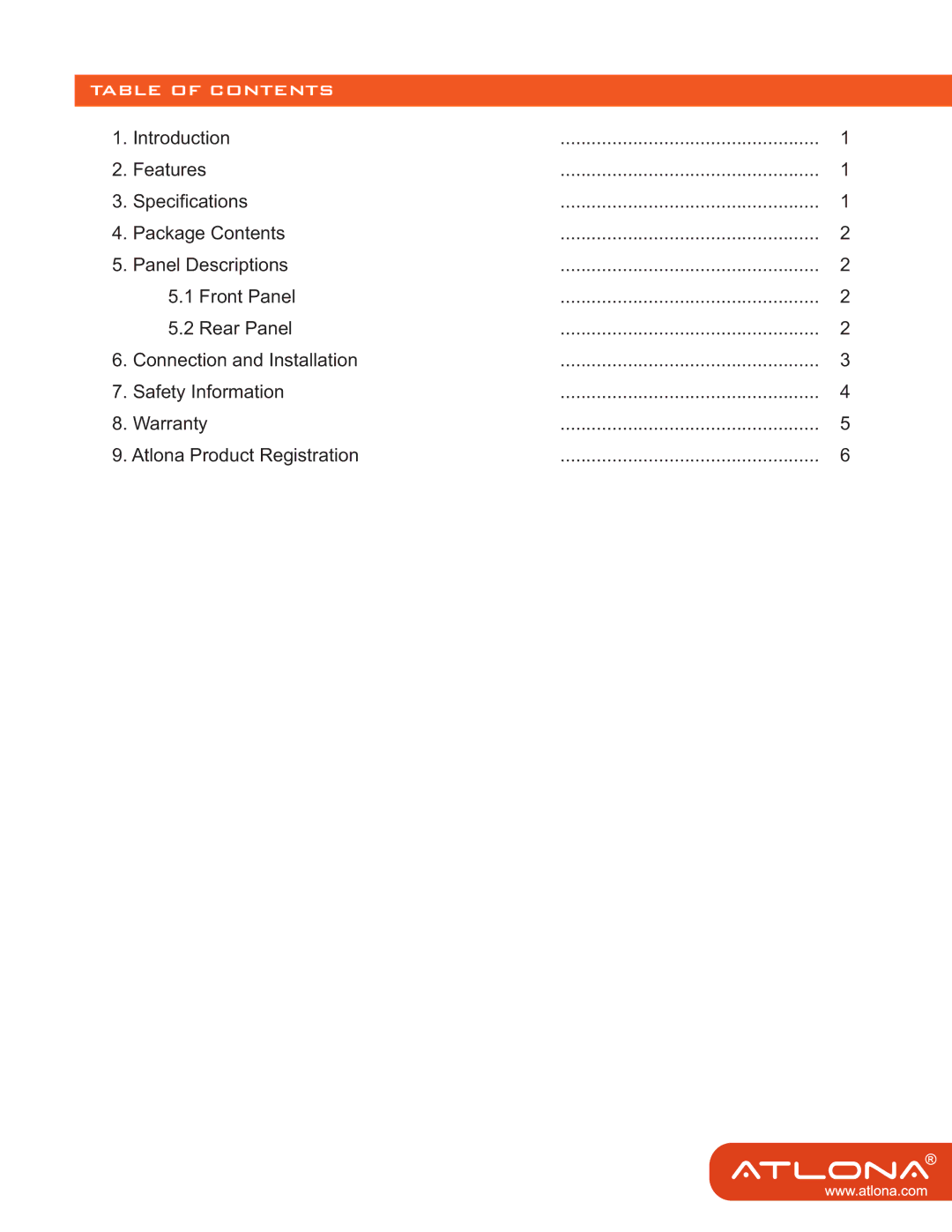 Atlona AT-VGA12 user manual Table of Contents 