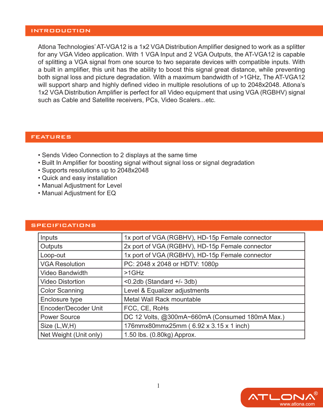 Atlona AT-VGA12 user manual Introduction 