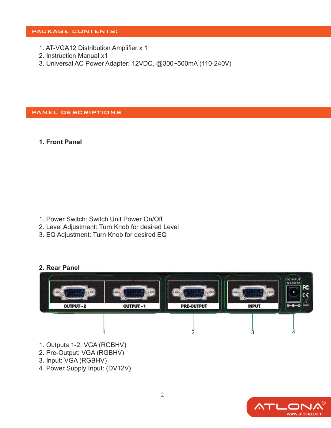 Atlona AT-VGA12 user manual Front Panel Rear Panel 