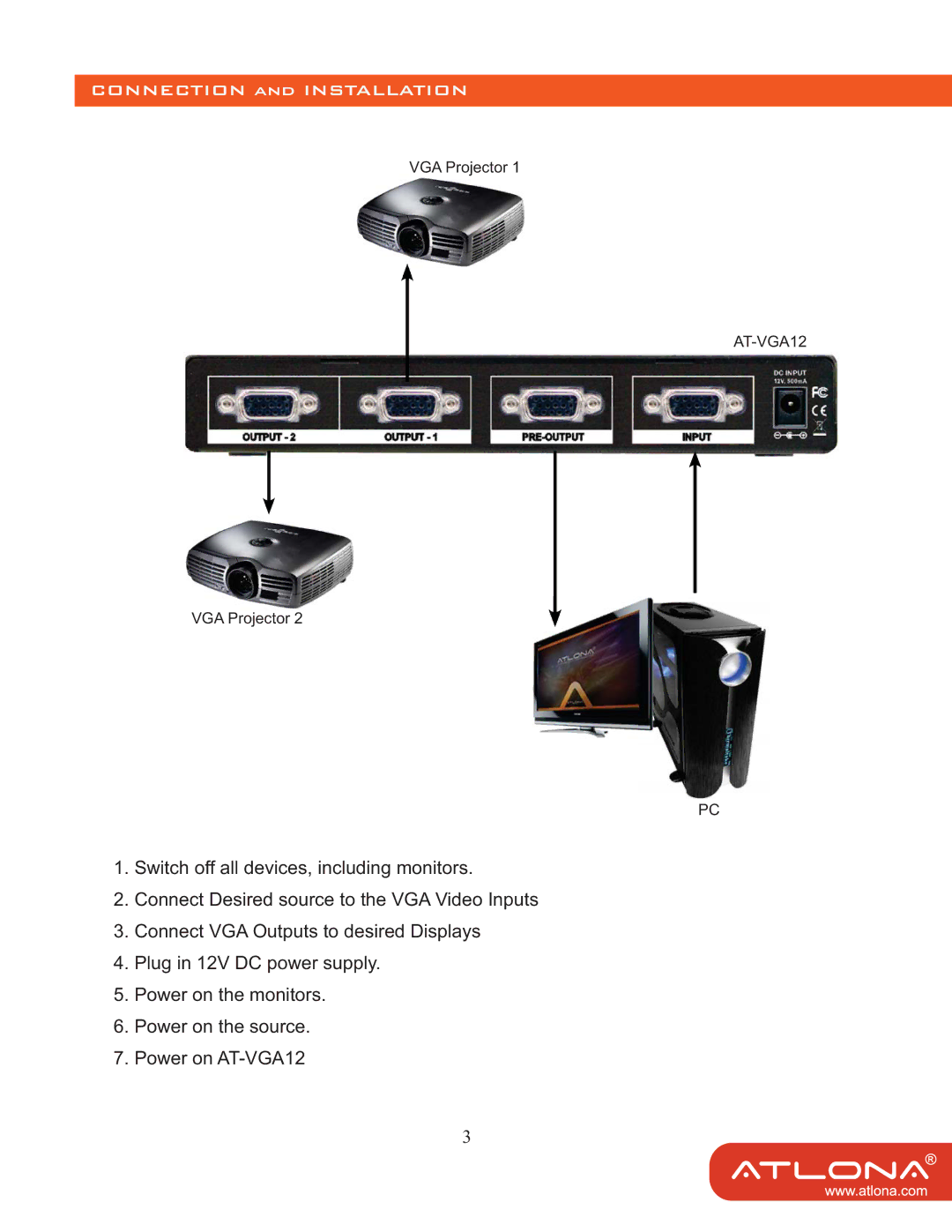 Atlona AT-VGA12 user manual Connection and Installation 