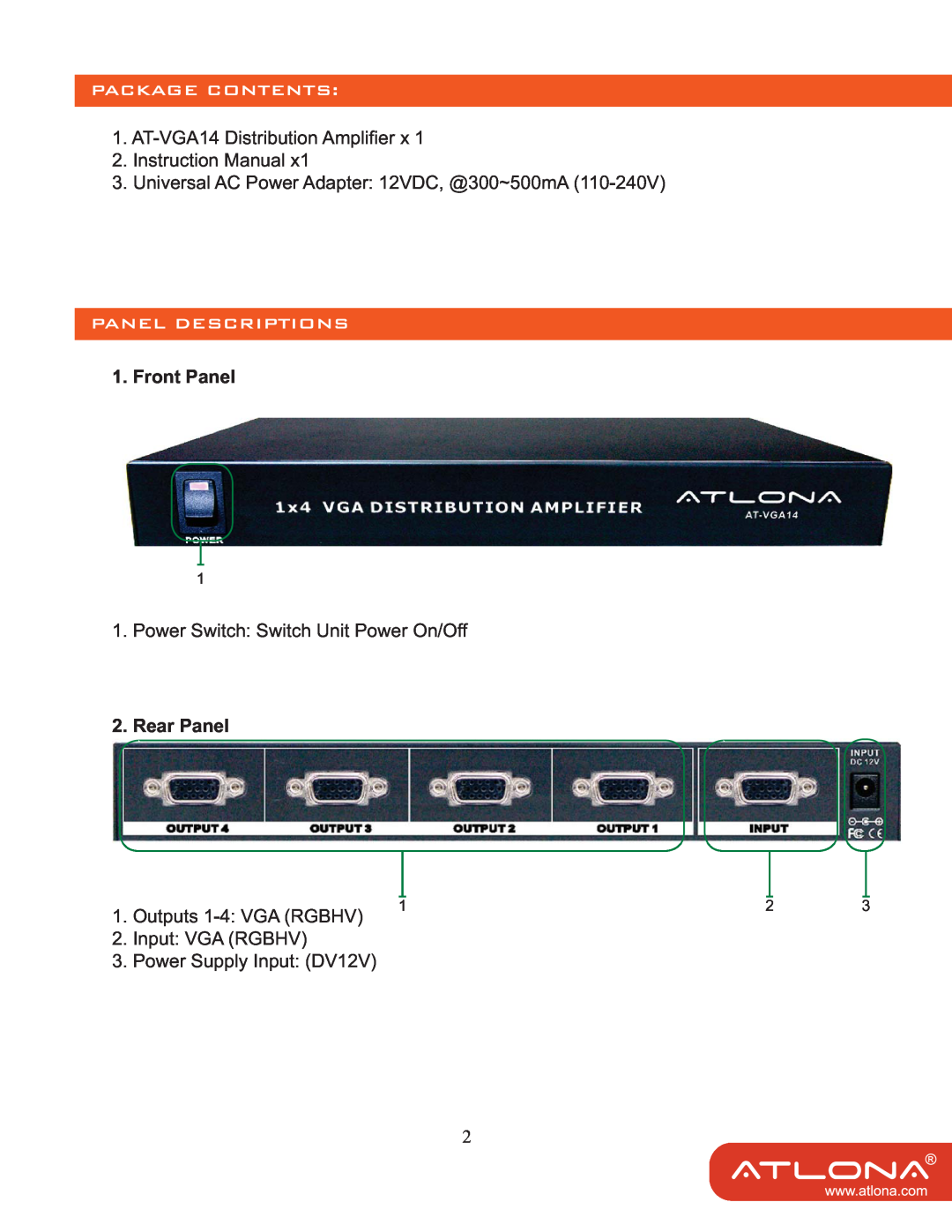 Atlona AT-VGA14 user manual Package Contents, Panel Descriptions, Front Panel, Rear Panel 