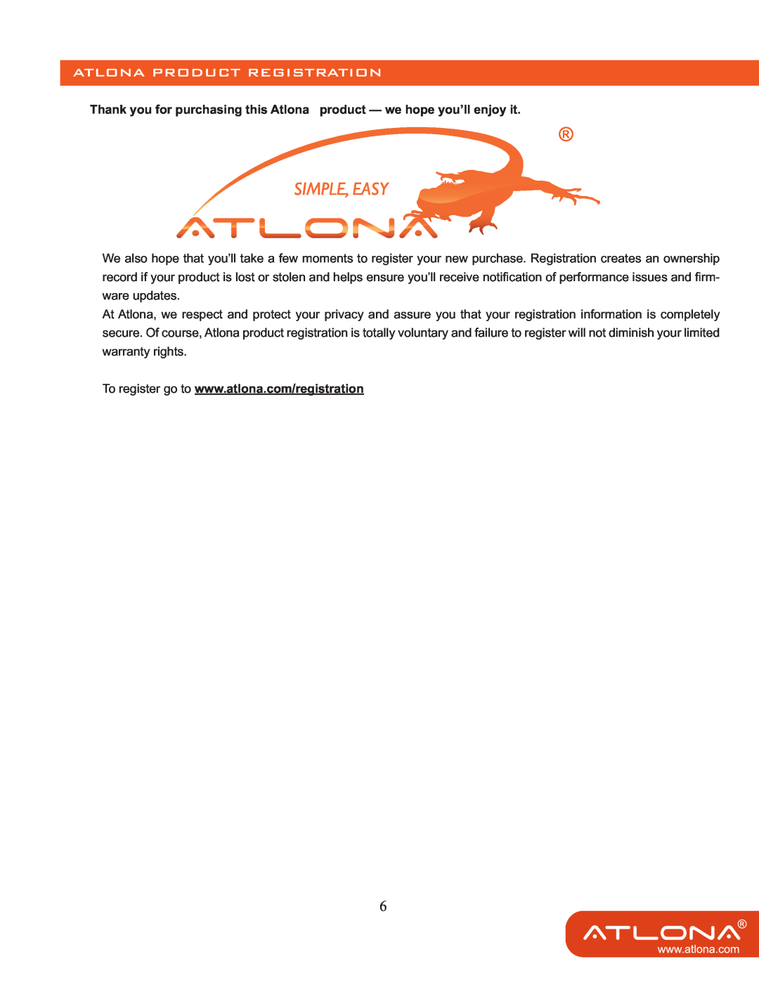 Atlona AT-VGA14 user manual Atlona Product Registration 