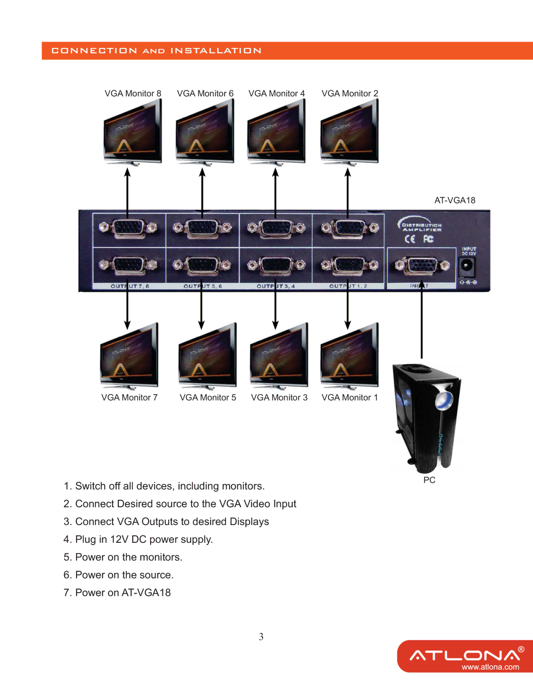 Atlona AT-VGA18 user manual Connection and Installation 