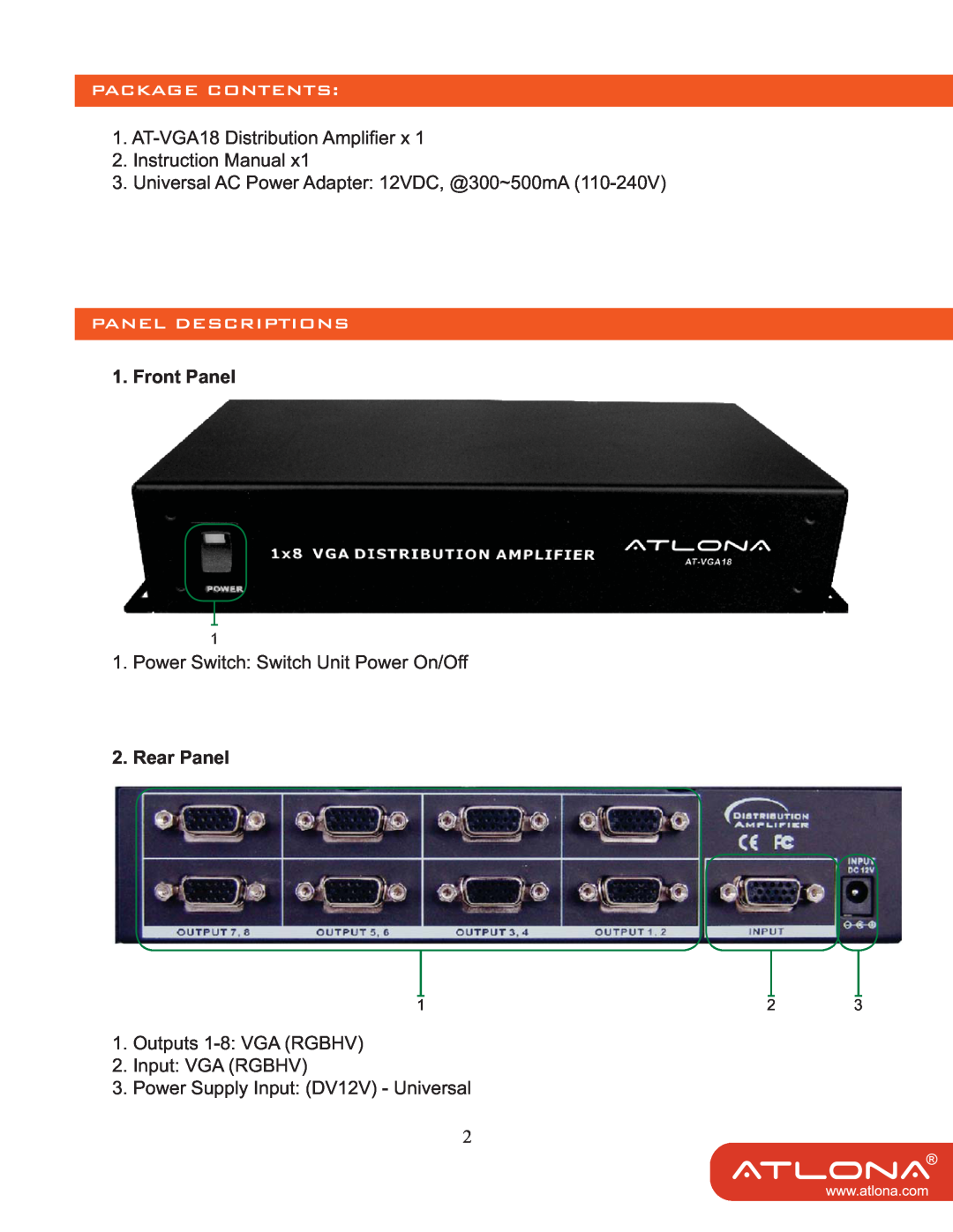 Atlona AT-VGA18 user manual Package Contents, Panel Descriptions, Front Panel, Rear Panel 