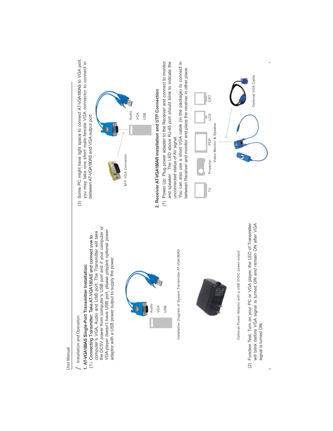 Atlona AT-VGA180AR, AT-VGA180AS Installation and Operation, You may take one short male-female VGA connector to connect 