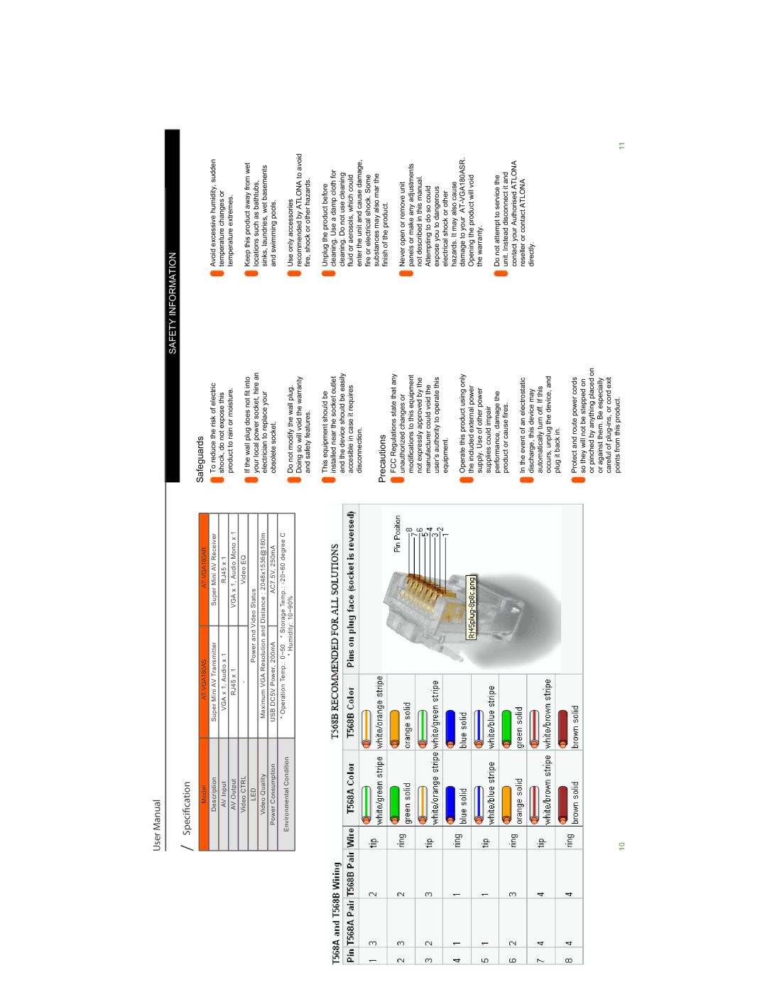 Atlona AT-VGA180AR, AT-VGA180AS user manual Specification, Safety Information 