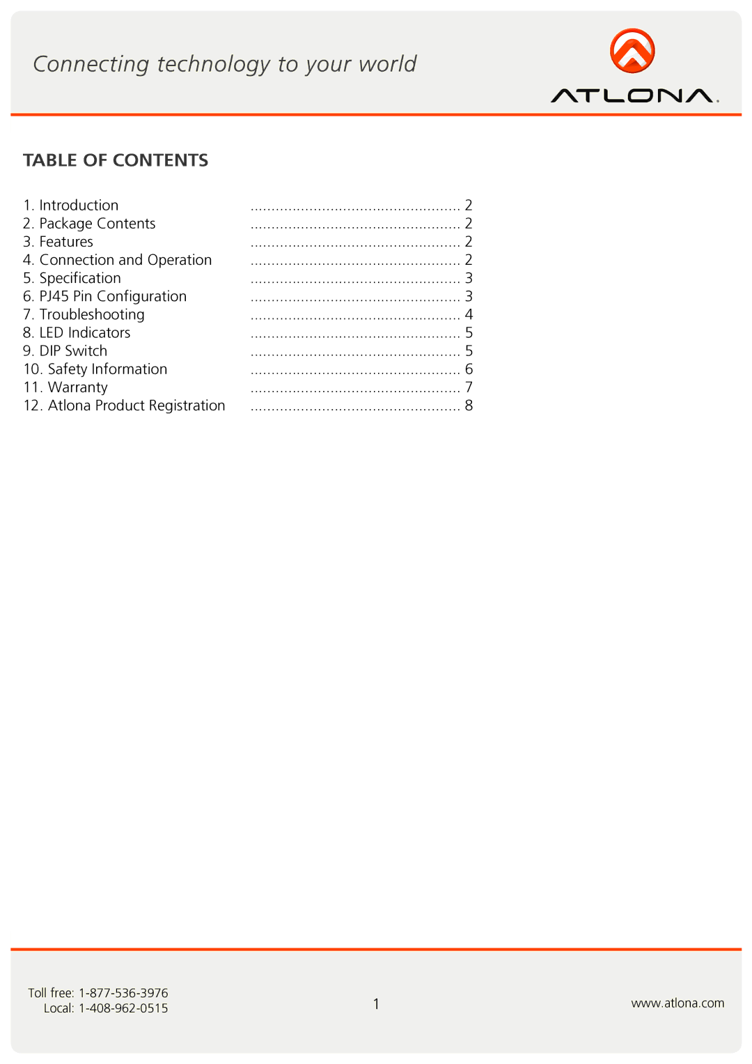 Atlona AT-VGA300RL AT-VGA10SS user manual Table of Contents 