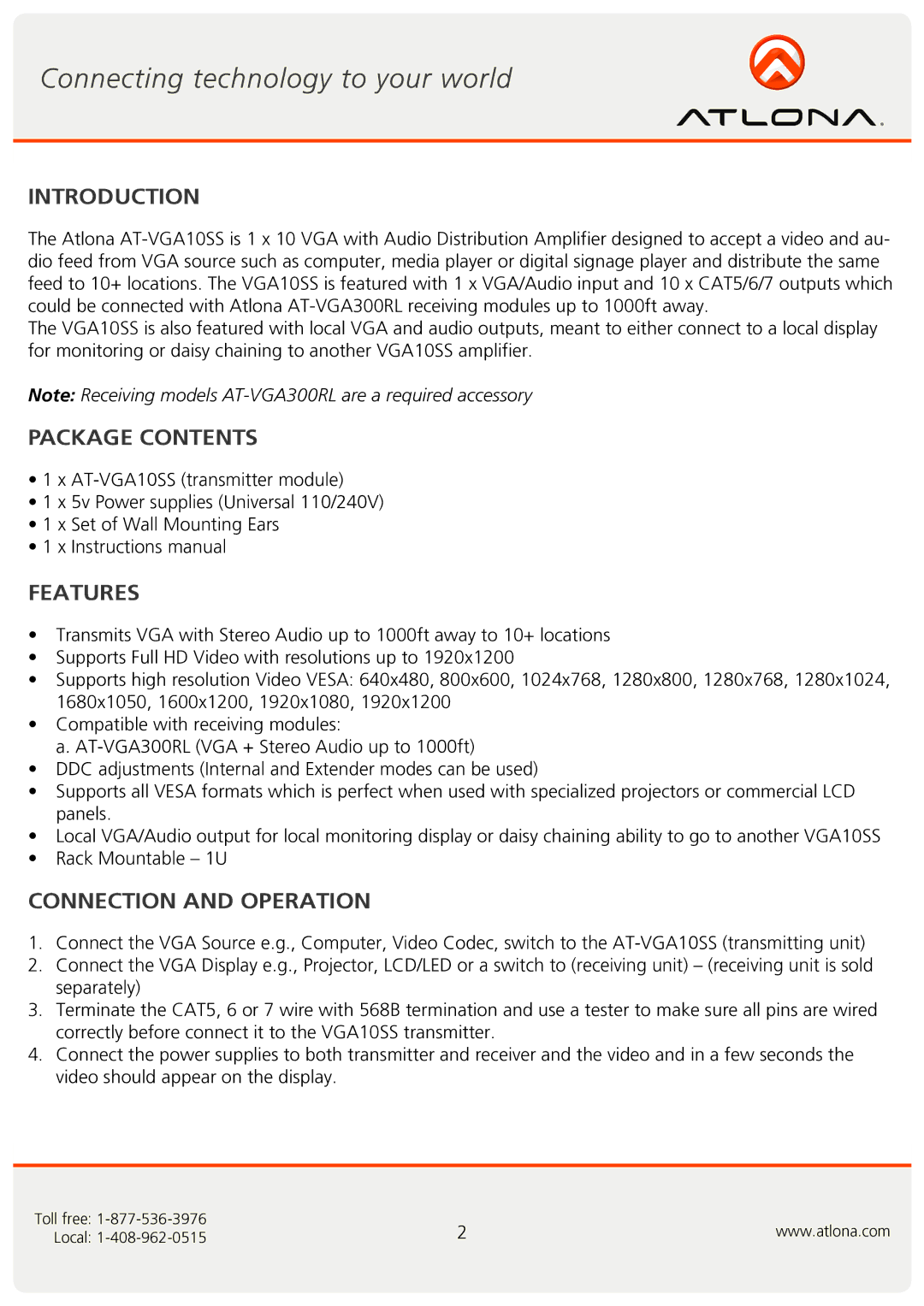 Atlona AT-VGA300RL AT-VGA10SS user manual Introduction, Package Contents, Features, Connection and Operation 