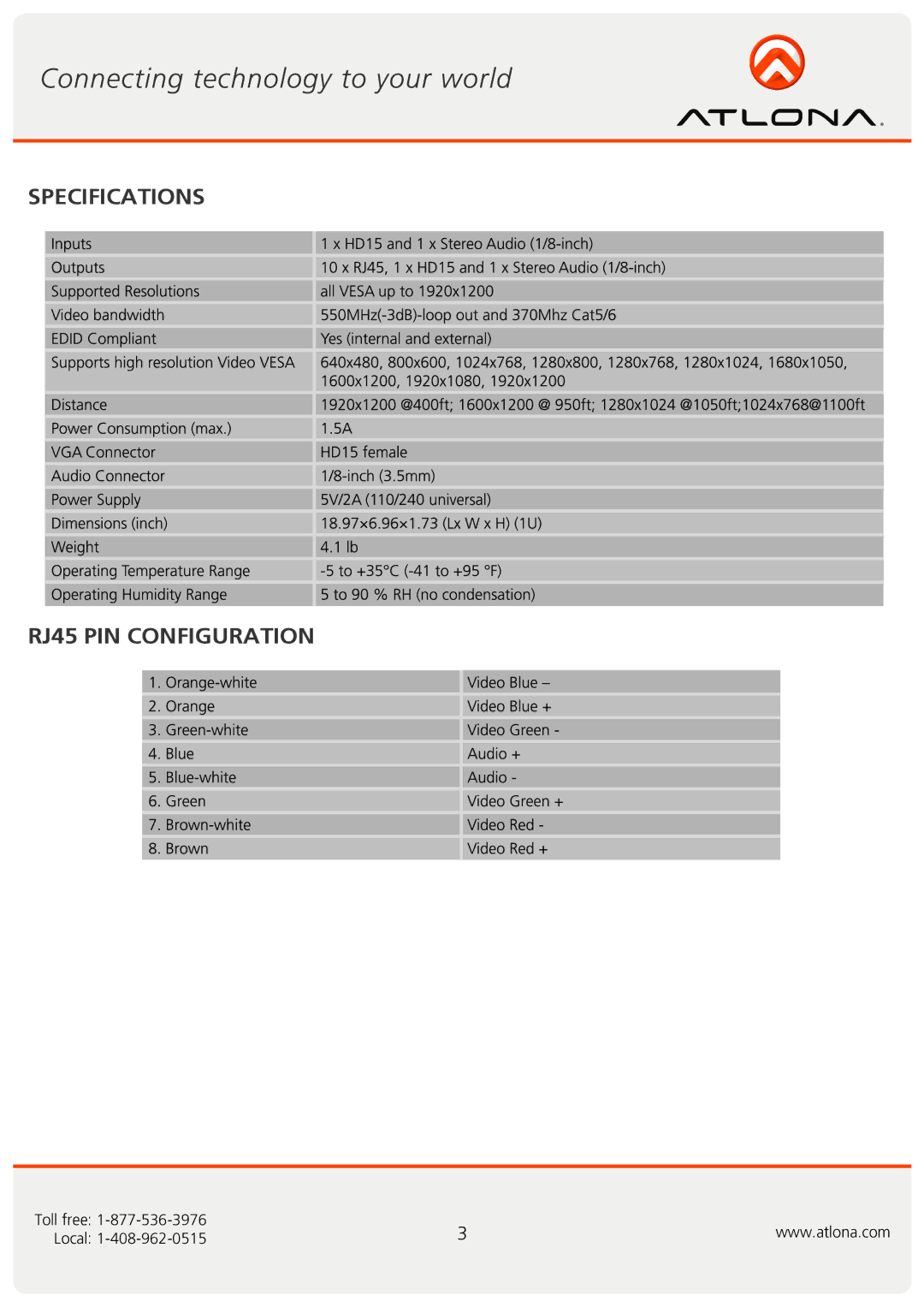 Atlona AT-VGA300RL AT-VGA10SS user manual Specifications RJ45 PIN Configuration 