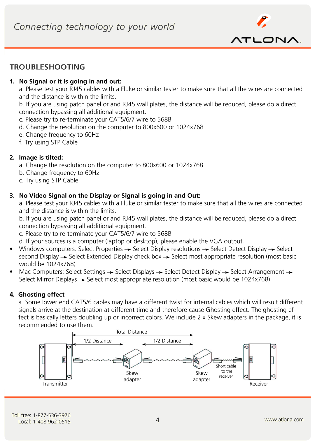 Atlona AT-VGA300RL AT-VGA10SS user manual Troubleshooting, No Signal or it is going in and out 