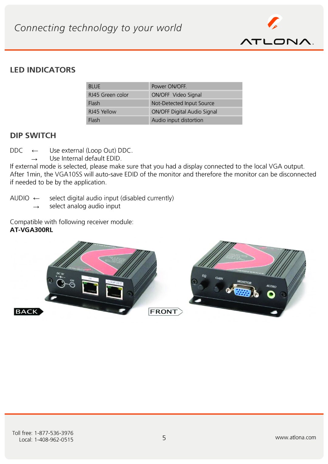 Atlona AT-VGA300RL AT-VGA10SS user manual LED Indicators DIP Switch 