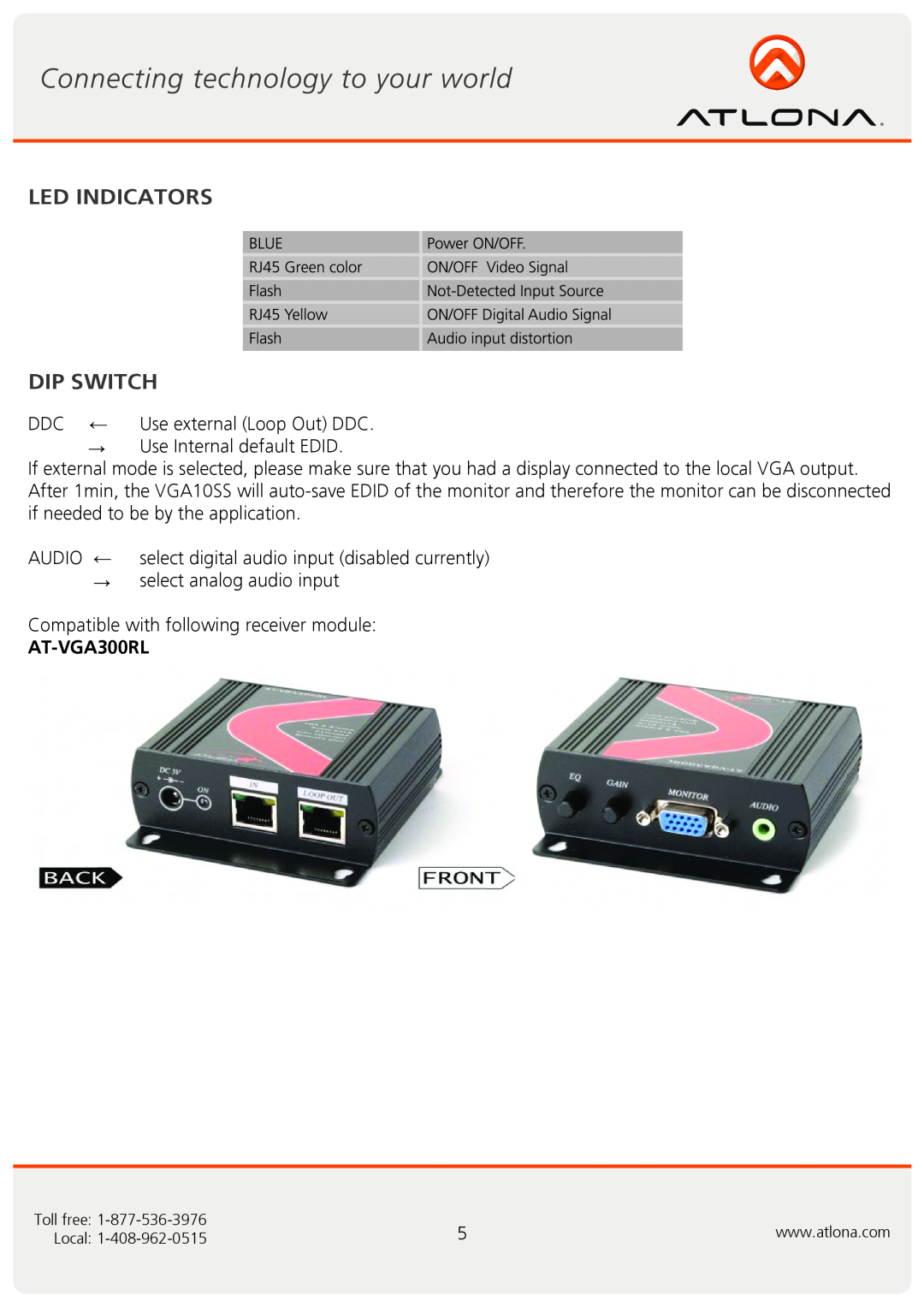 Atlona AT-VGA300RL AT-VGA10SS user manual Led Indicators Dip Switch 