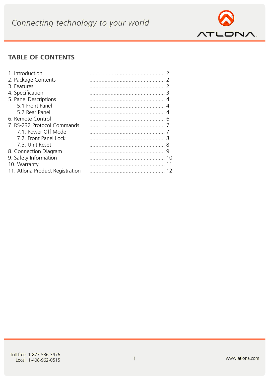 Atlona AT-VGA88M-SR user manual Table of Contents 