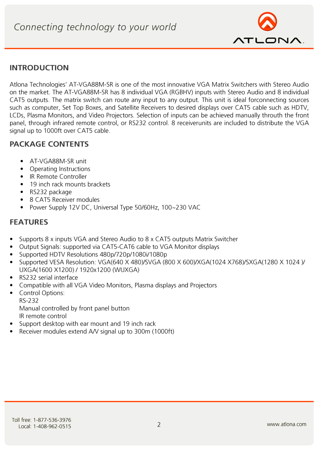 Atlona AT-VGA88M-SR user manual Introduction, Package Contents, Features 