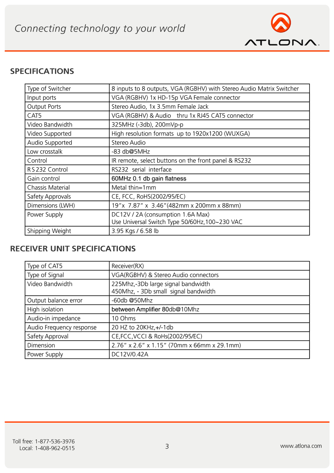 Atlona AT-VGA88M-SR user manual Specifications Receiver Unit Specifications 