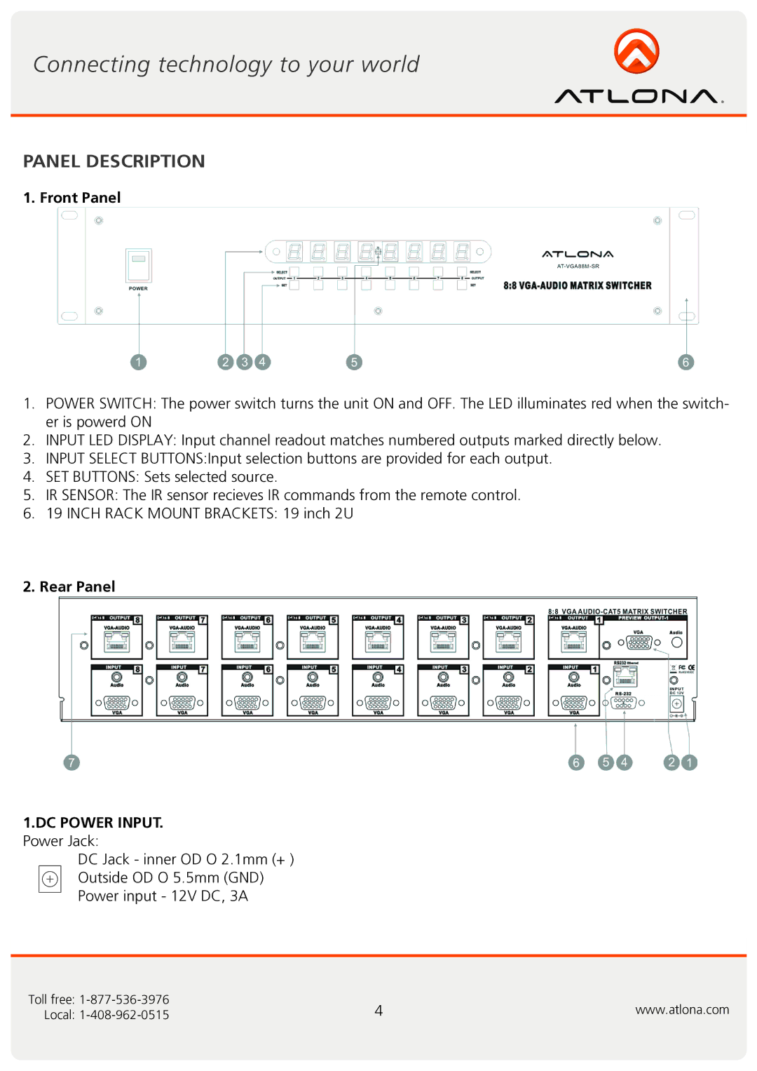 Atlona AT-VGA88M-SR user manual Panel Description, Front Panel, Rear Panel, DC Power Input 