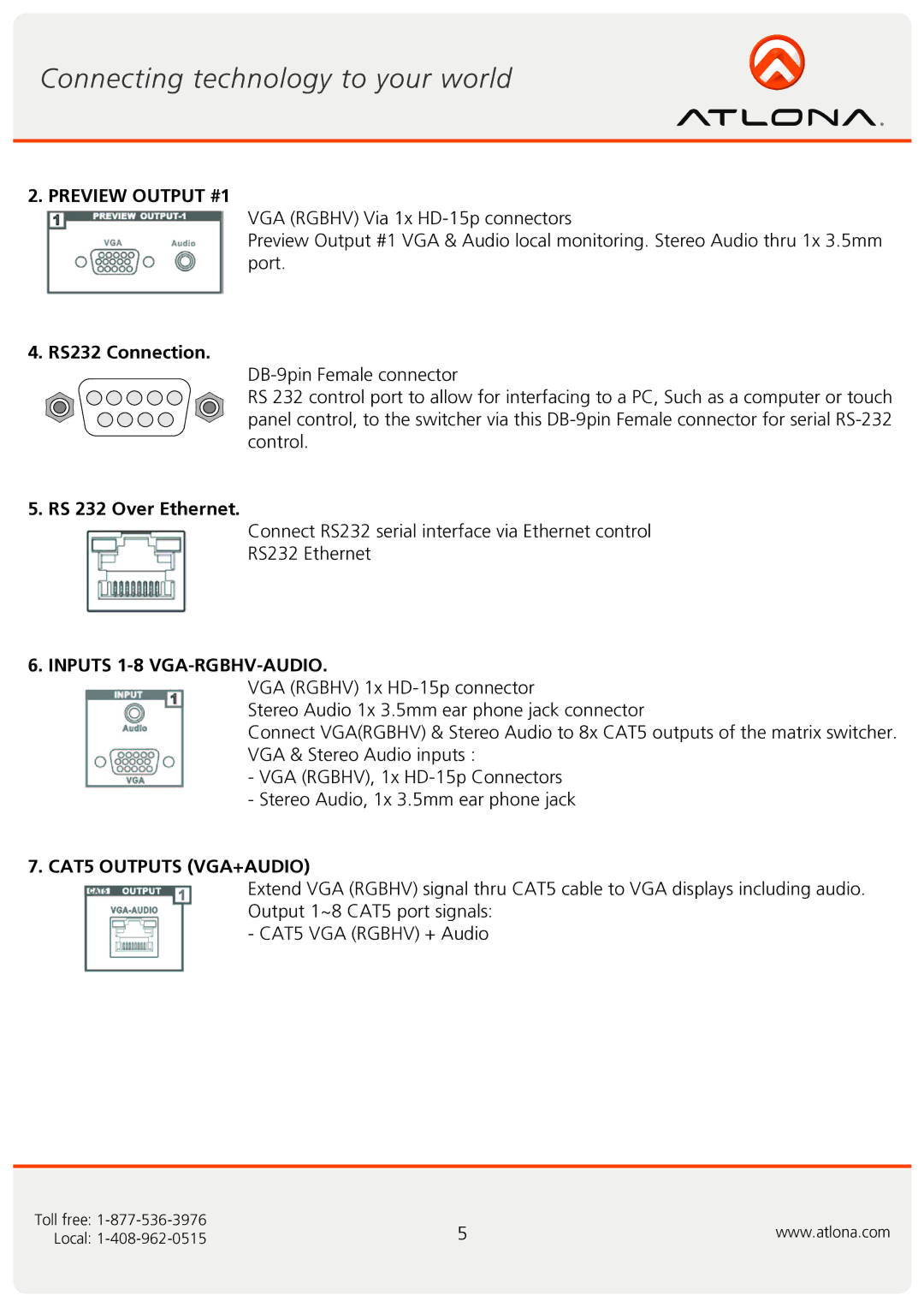 Atlona AT-VGA88M-SR user manual Preview Output #1, RS232 Connection, RS 232 Over Ethernet, Inputs 1-8 VGA-RGBHV-AUDIO 