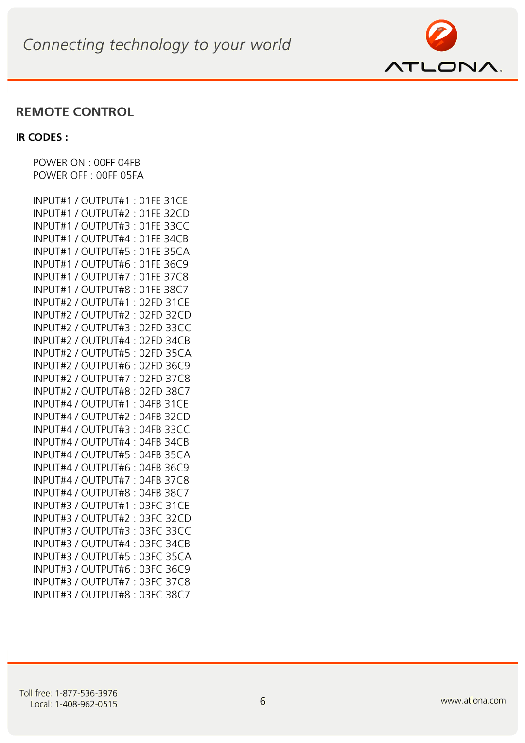 Atlona AT-VGA88M-SR user manual Remote Control, IR Codes 