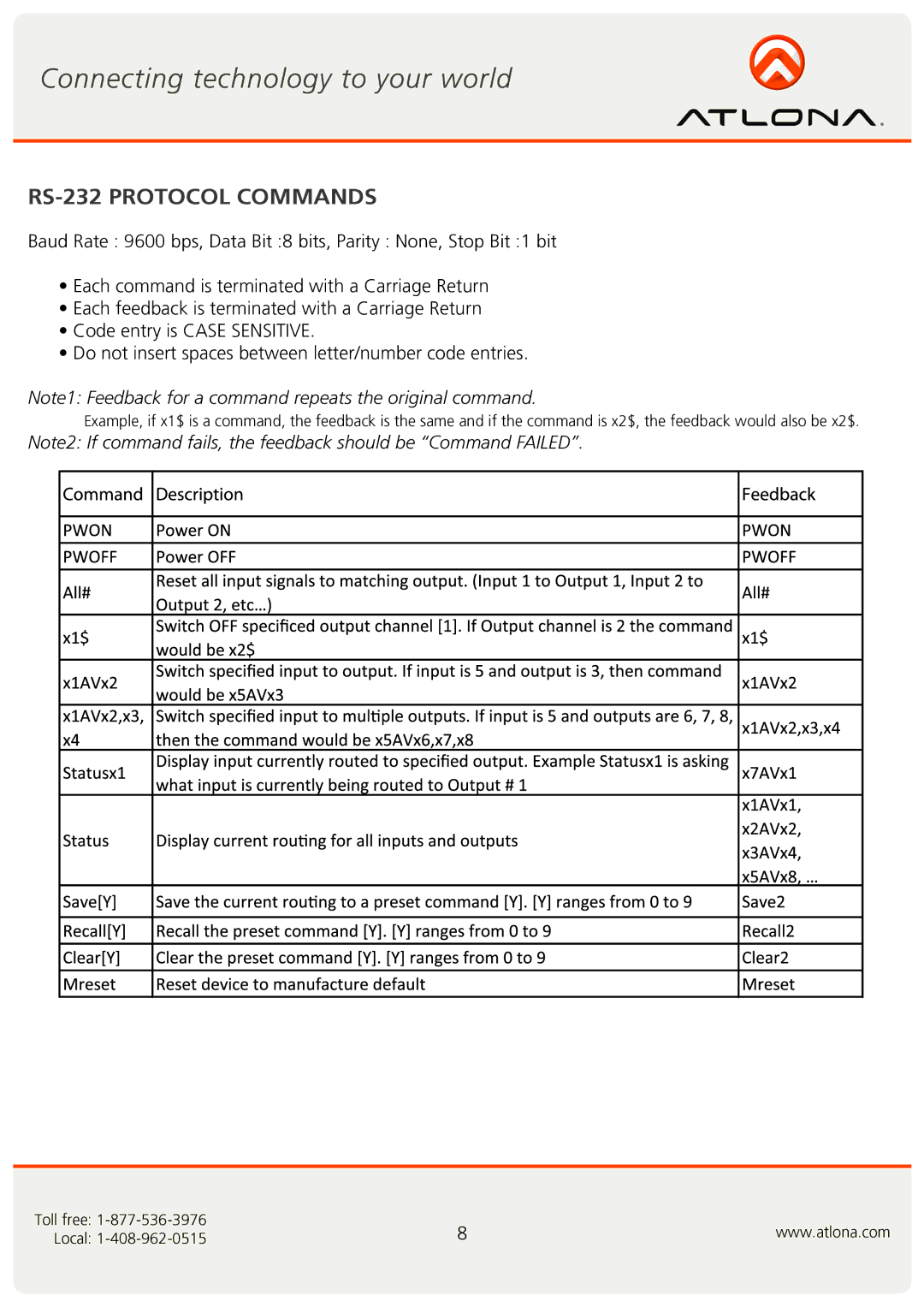 Atlona AT-VGA88M-SR user manual RS-232 Protocol Commands 