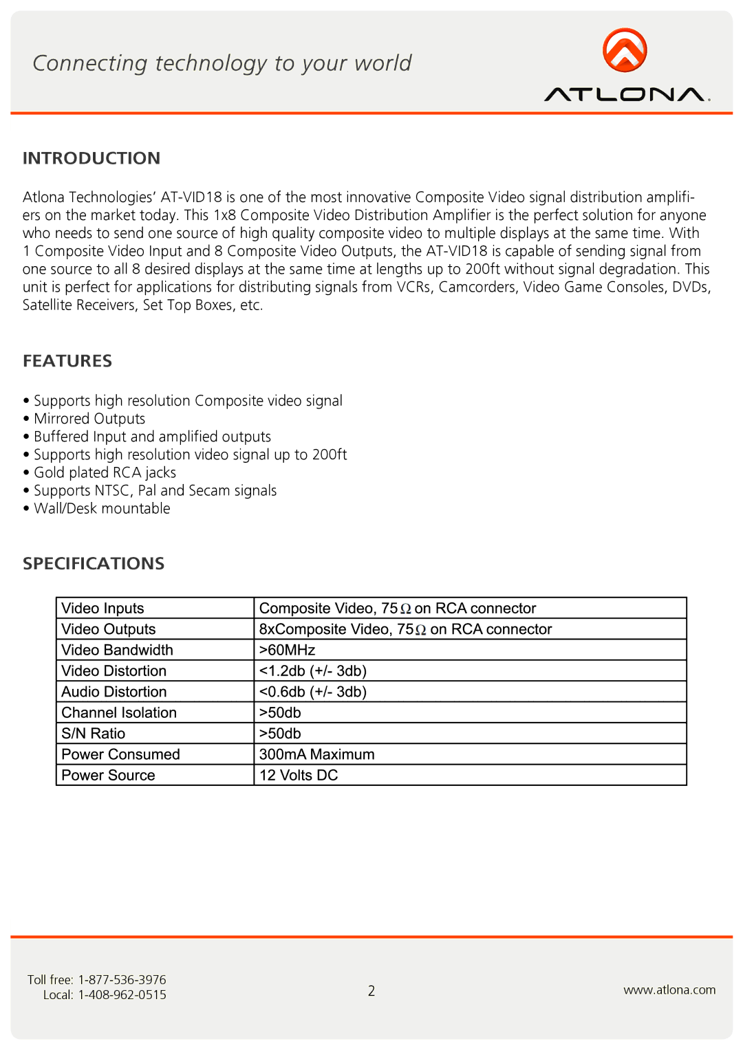 Atlona AT-VID18 user manual Introduction, Features, Specifications 