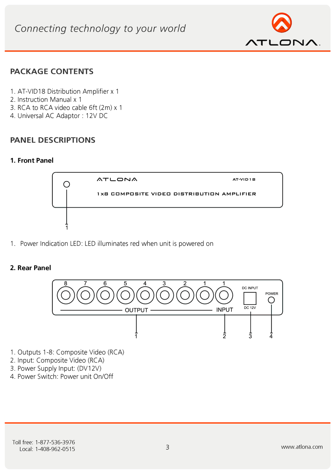 Atlona AT-VID18 user manual Package Contents, Panel Descriptions 