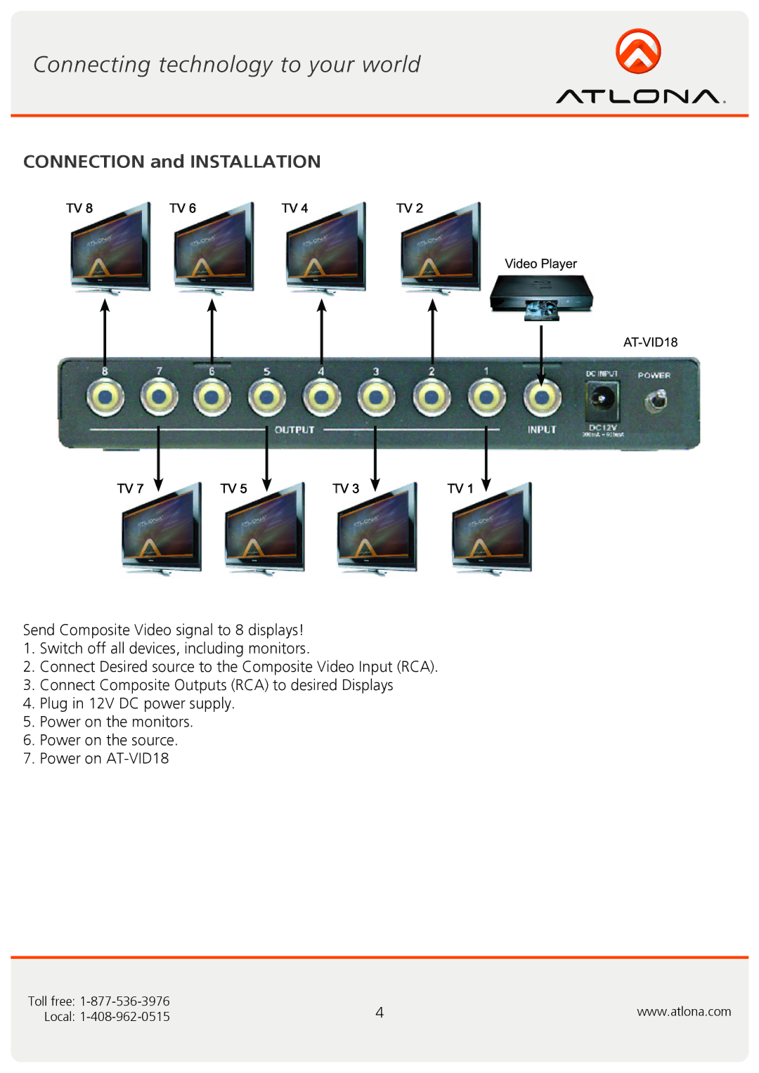 Atlona AT-VID18 user manual Connection and Installation 