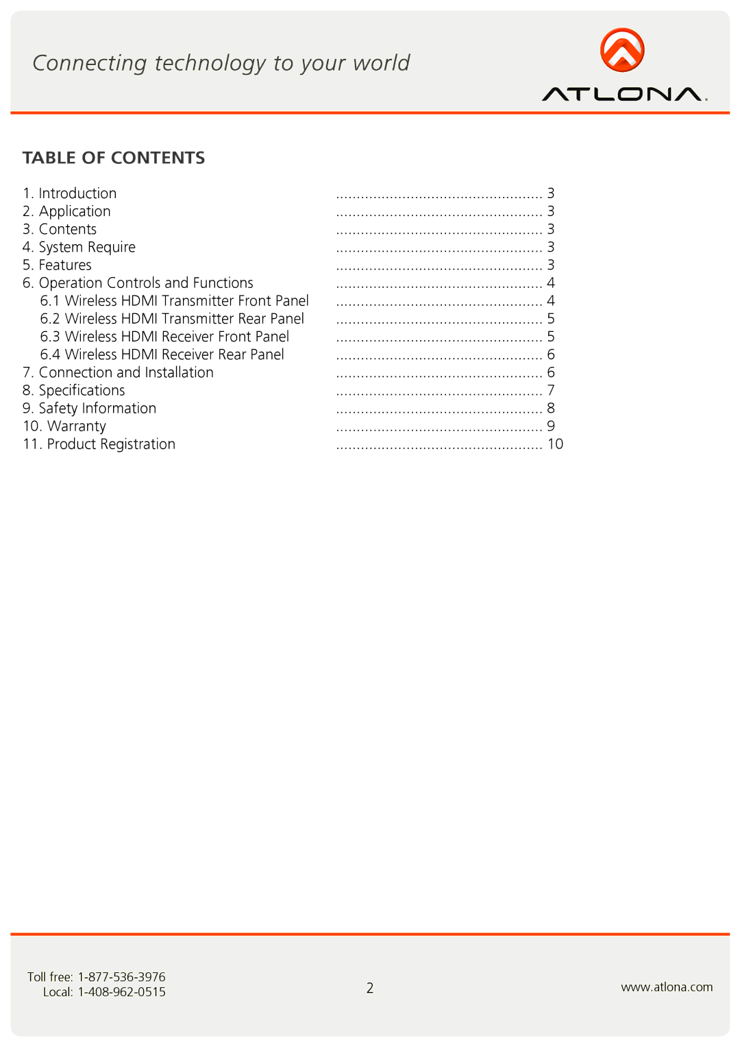 Atlona AT-WHD200 user manual Table of Contents 