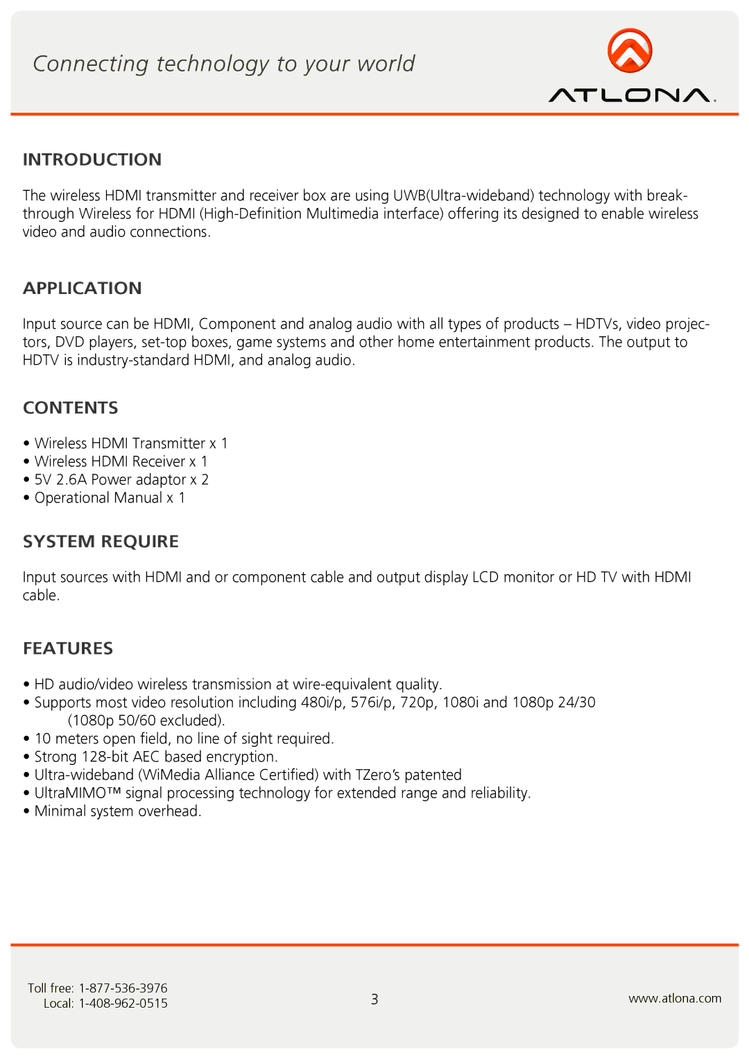 Atlona AT-WHD200 user manual Introduction, Application, Contents, System Require, Features 