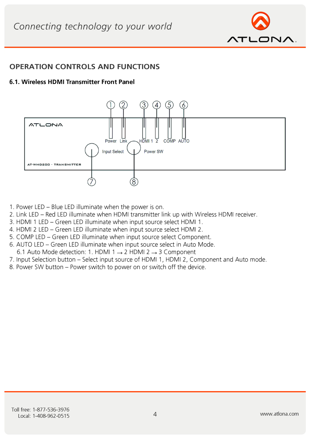 Atlona AT-WHD200 user manual Operation Controls and Functions, Wireless Hdmi Transmitter Front Panel 