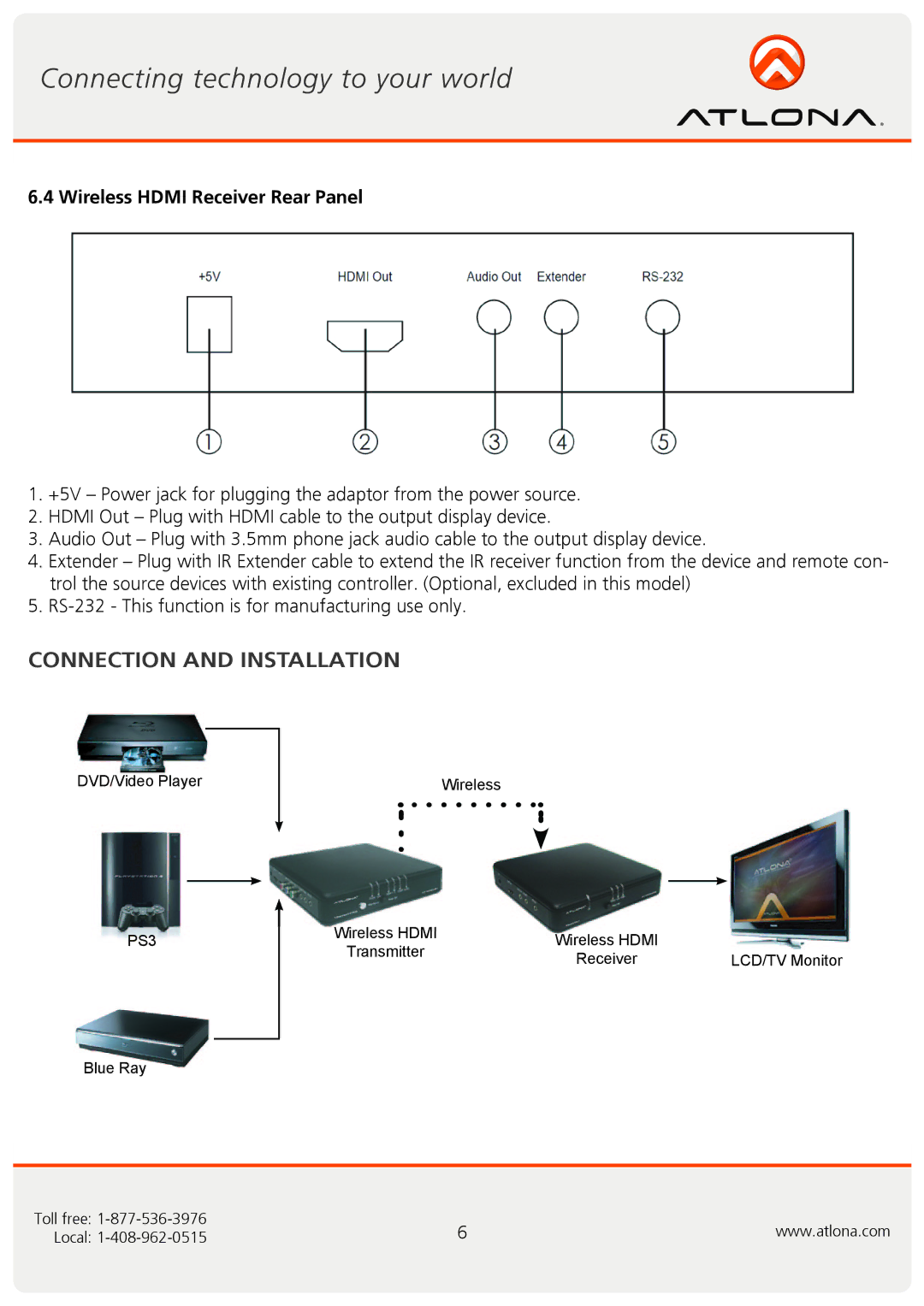 Atlona AT-WHD200 user manual Connection and Installation, Wireless Hdmi Receiver Rear Panel 