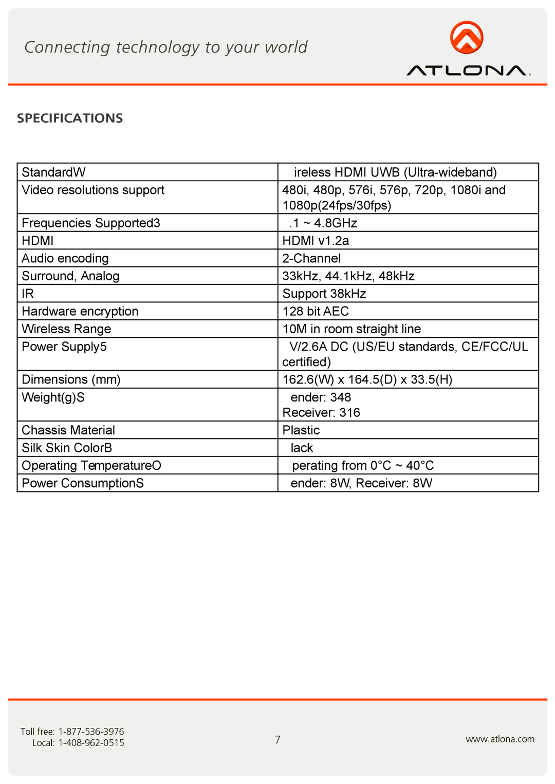 Atlona AT-WHD200 user manual Specifications, Hdmi 