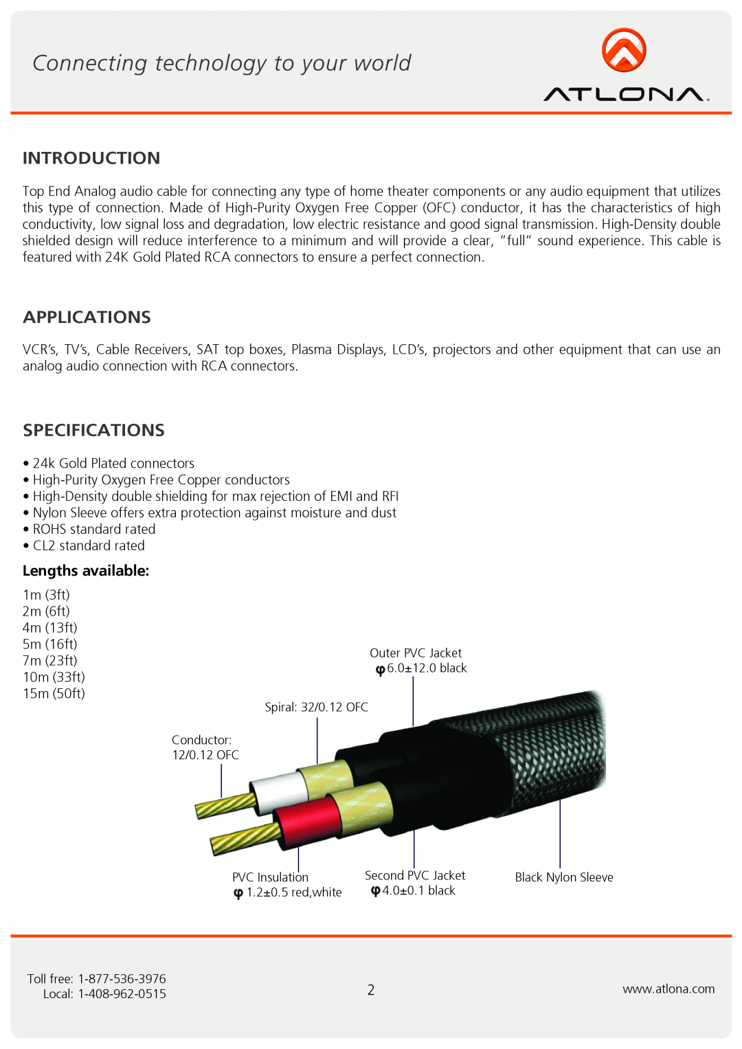 Atlona AT22080 user manual Introduction, Applications, Specifications, Lengths available 