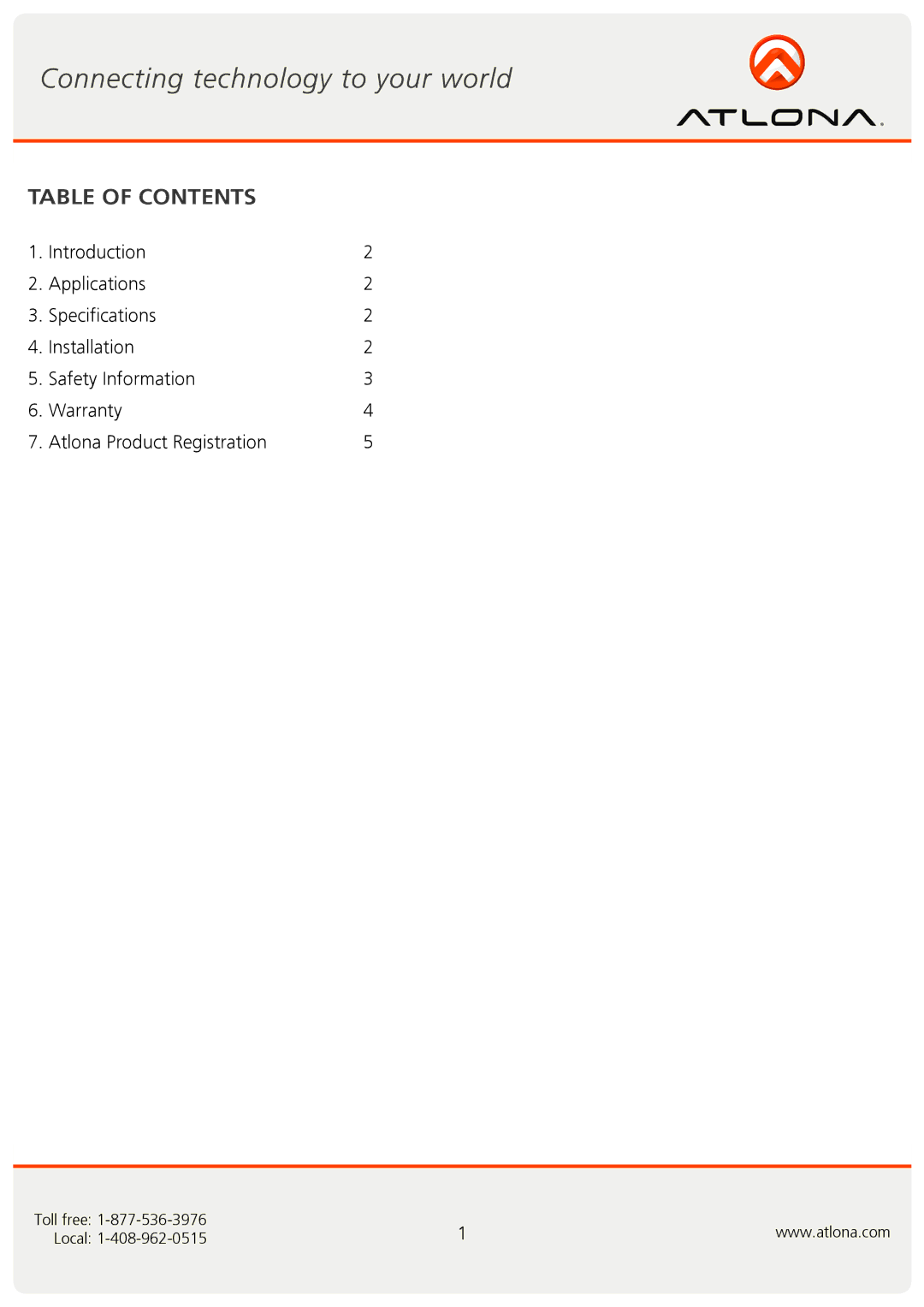 Atlona AT80HDMI-1 user manual Table of Contents 