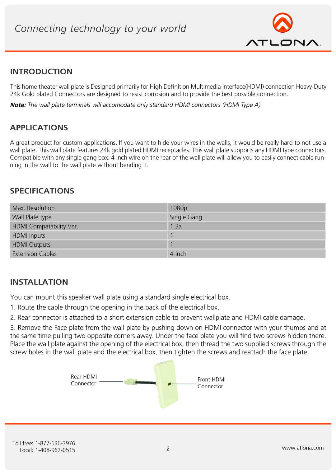 Atlona AT80HDMI-1 user manual Introduction, Applications, Specifications, Installation 