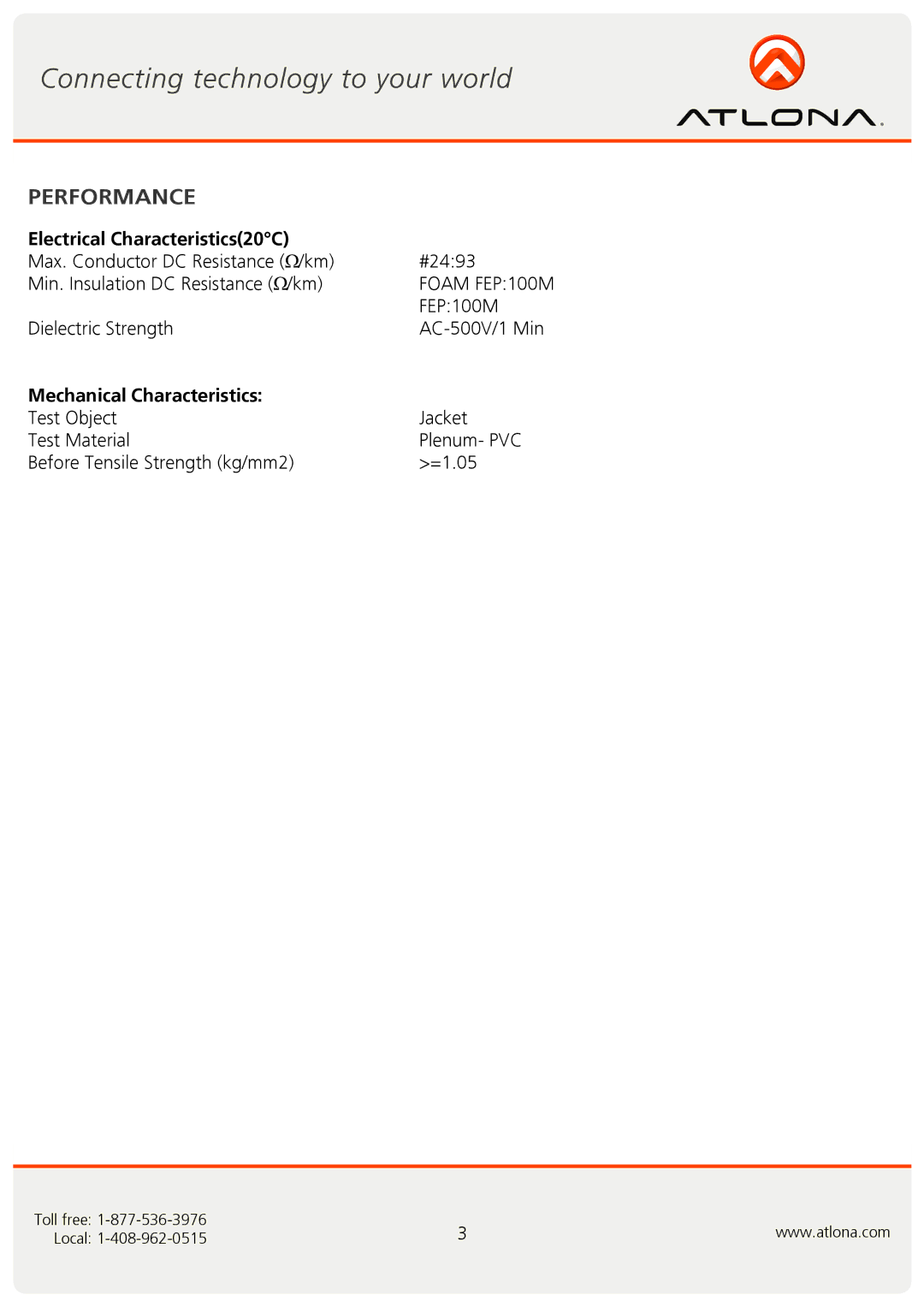 Atlona ATP-14009 user manual Performance, Electrical Characteristics20C, Mechanical Characteristics 