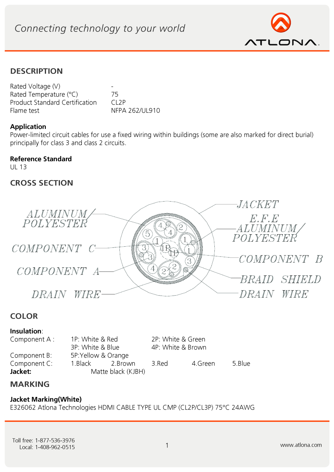 Atlona ATP-14029 user manual Description, Cross Section Color, Marking, Application, Reference Standard, Insulation, Jacket 