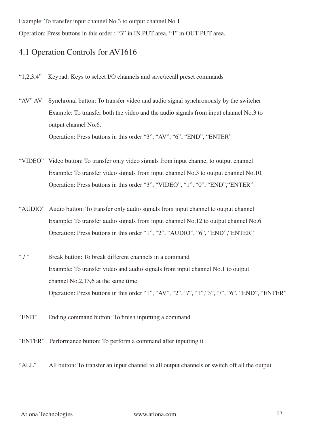 Atlona AV0404, AV128128 manual Operation Controls for AV1616, All 