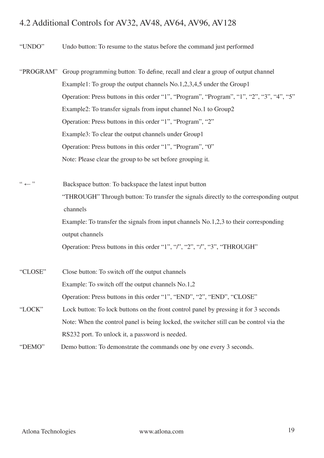 Atlona AV0404, AV128128 manual Additional Controls for AV32, AV48, AV64, AV96, AV128, Undo, Close, Lock, Demo 