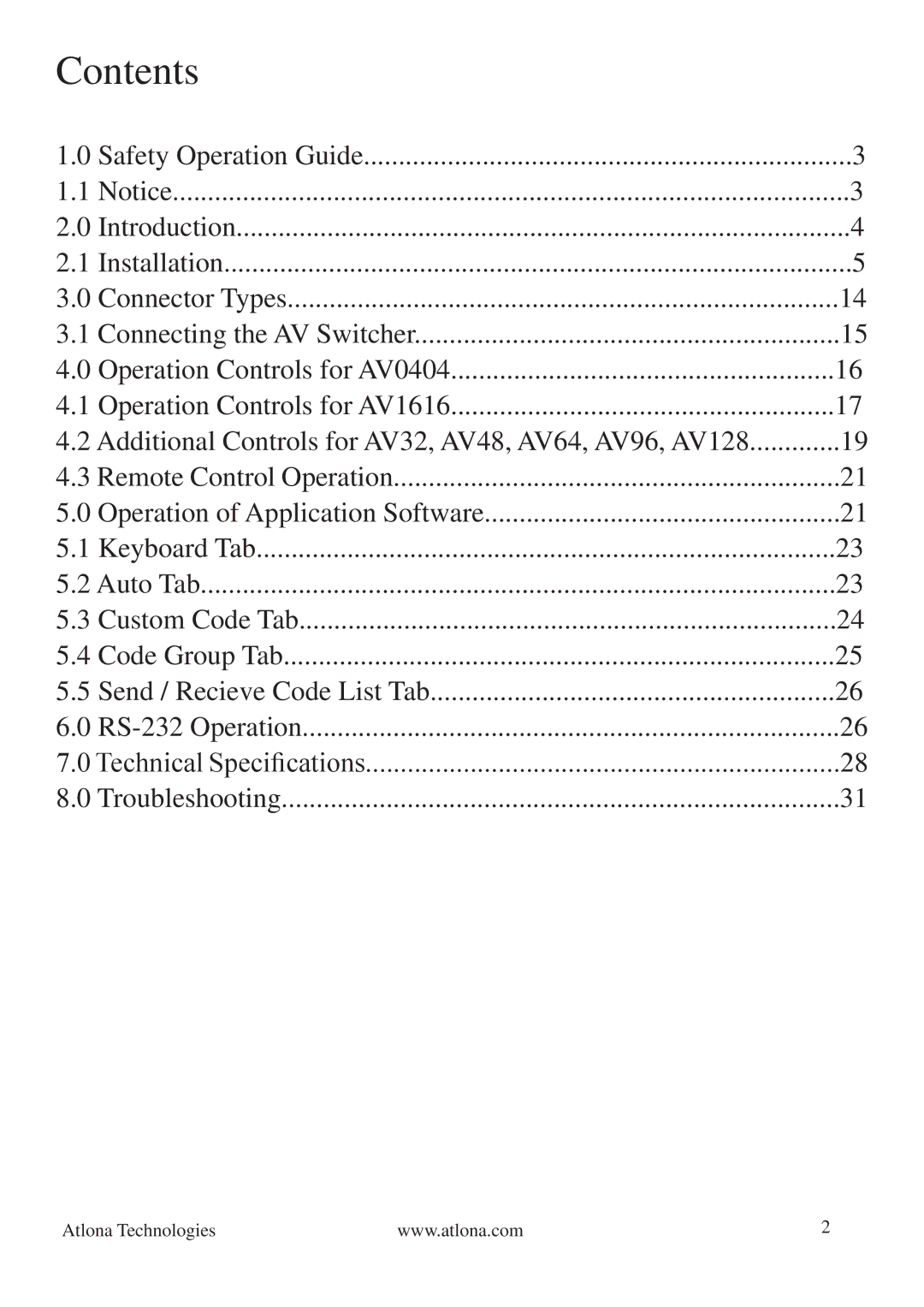 Atlona AV128128, AV0404 manual Contents 