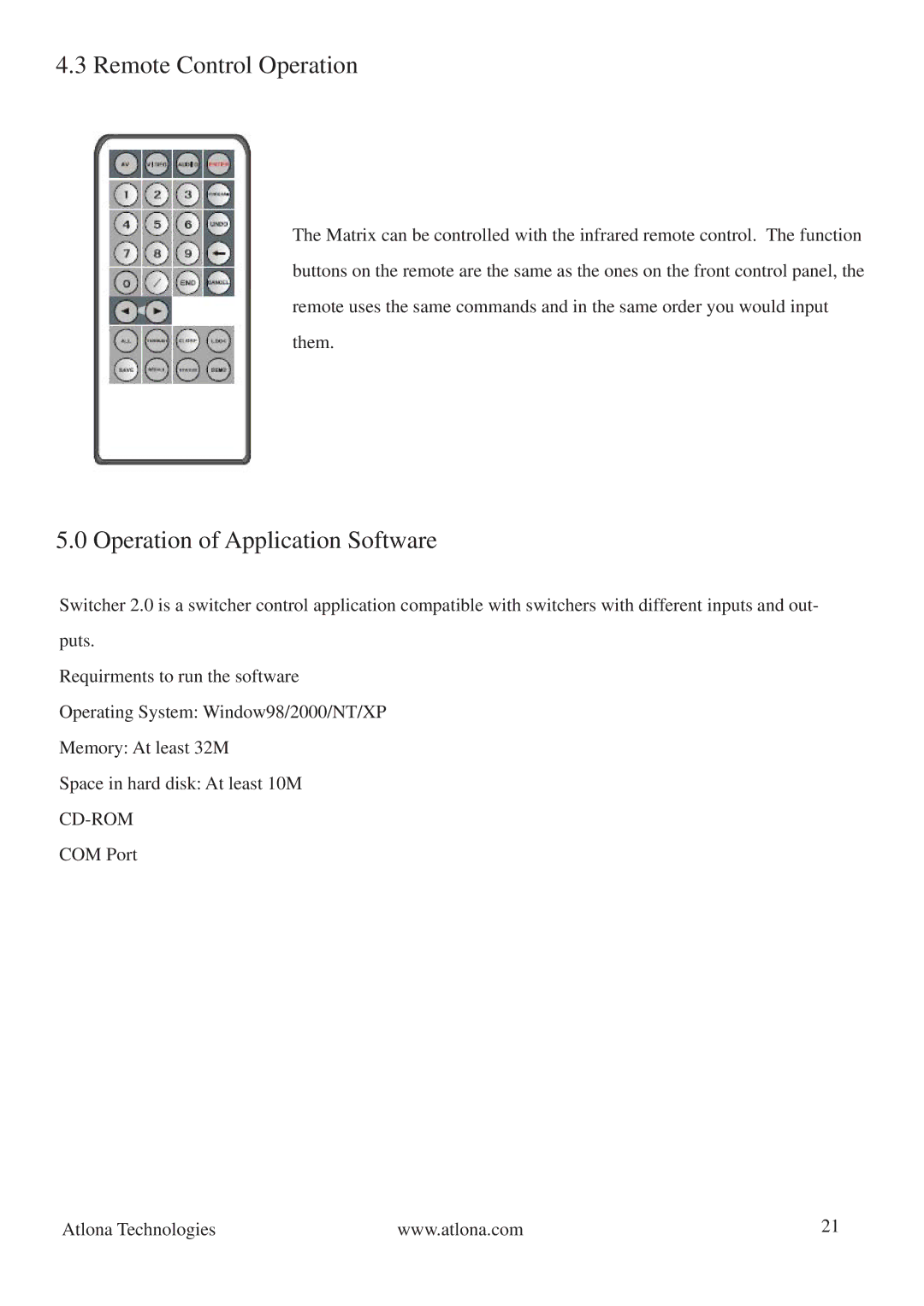 Atlona AV0404, AV128128 manual Remote Control Operation, Operation of Application Software, Cd-Rom 