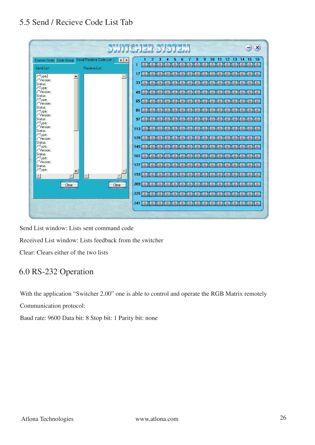 Atlona AV128128, AV0404 manual Send / Recieve Code List Tab, RS-232 Operation 