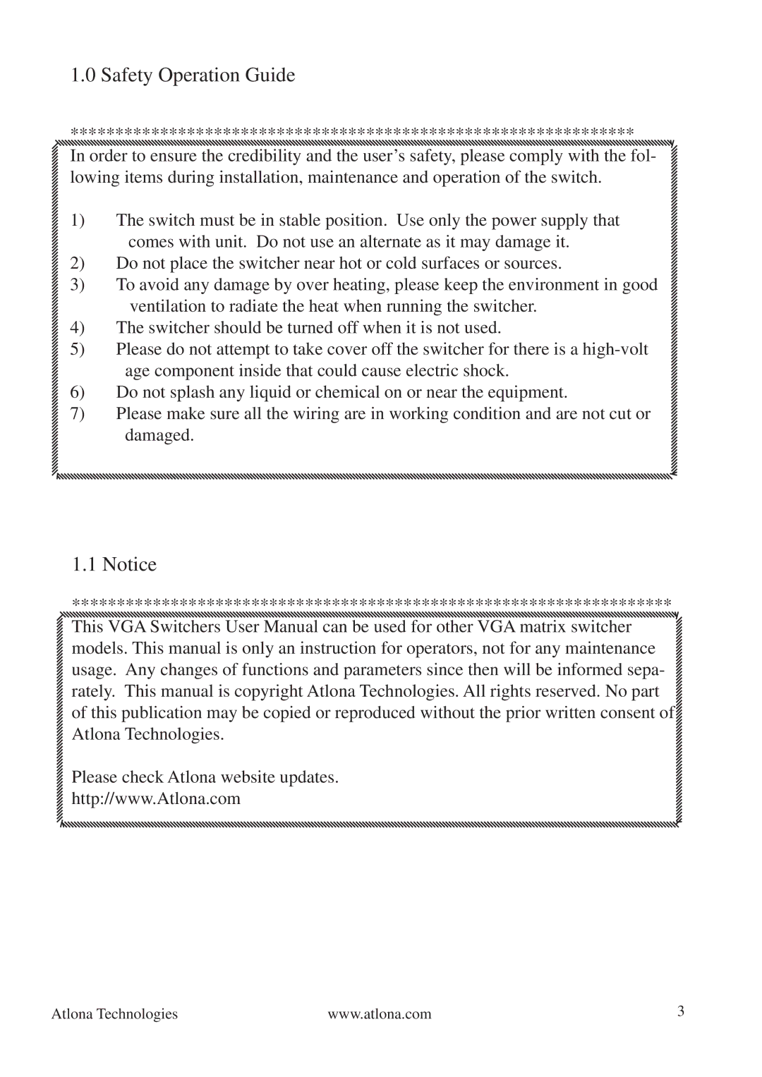 Atlona AV0404, AV128128 manual Safety Operation Guide 