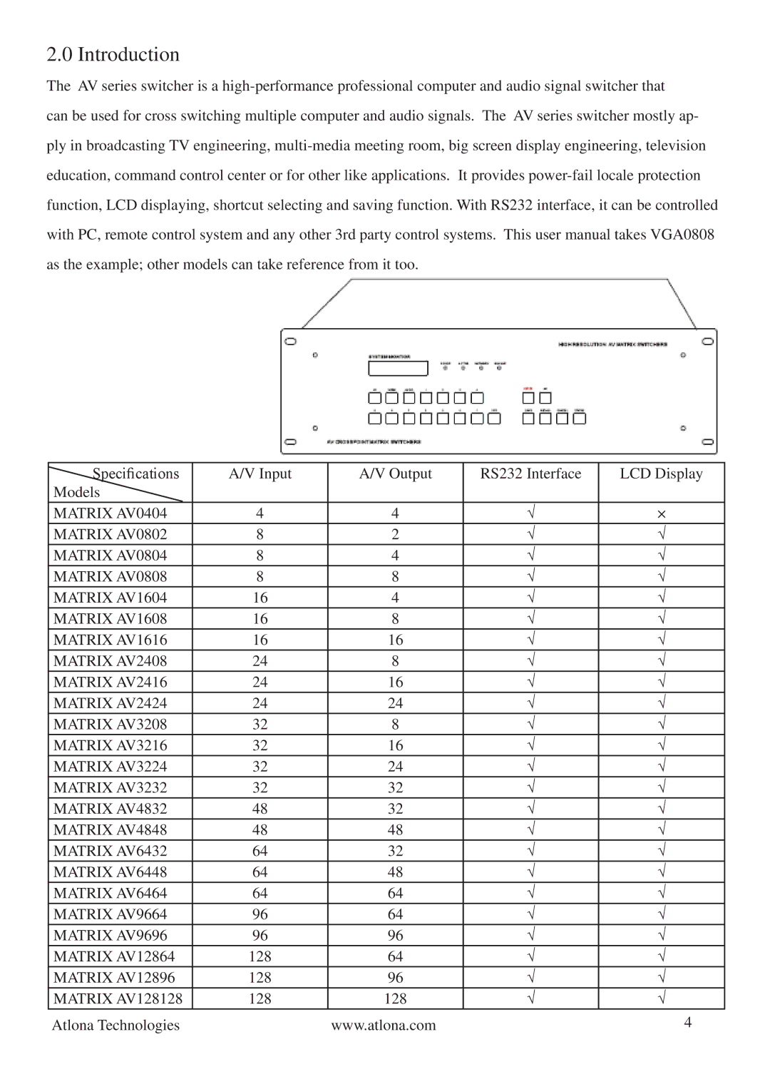 Atlona AV0404 manual Introduction, Matrix AV12896, Matrix AV128128 